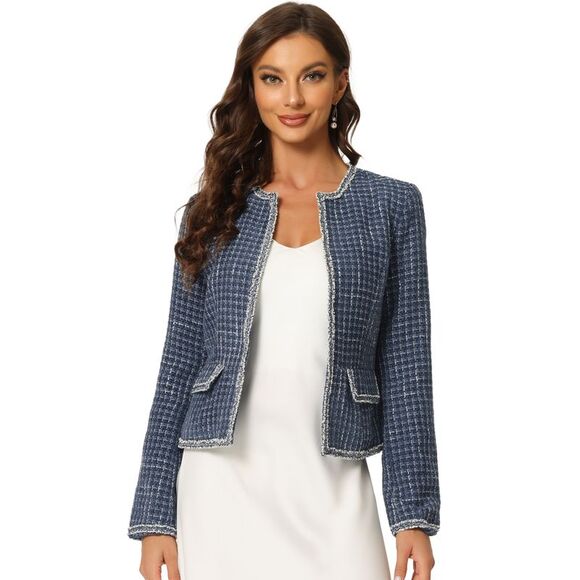 Plaid Tweed Blazer Long Sleeve Open Front Workwear Short Jacket Dark Blue - Picture 1 of 6